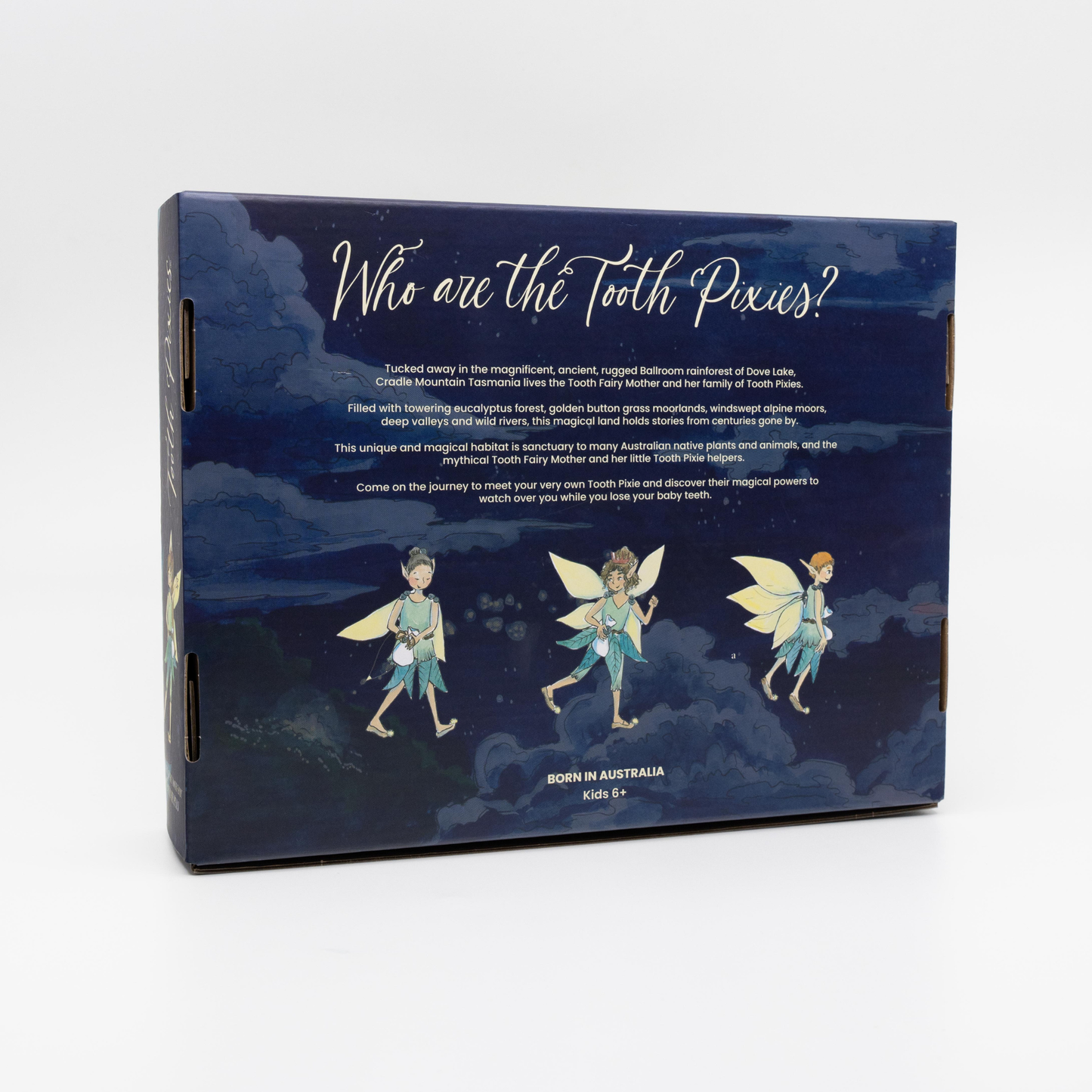 Box packaging for Tooth Pixies with illustrations of Tooth Pixies and text on a dark blue background.