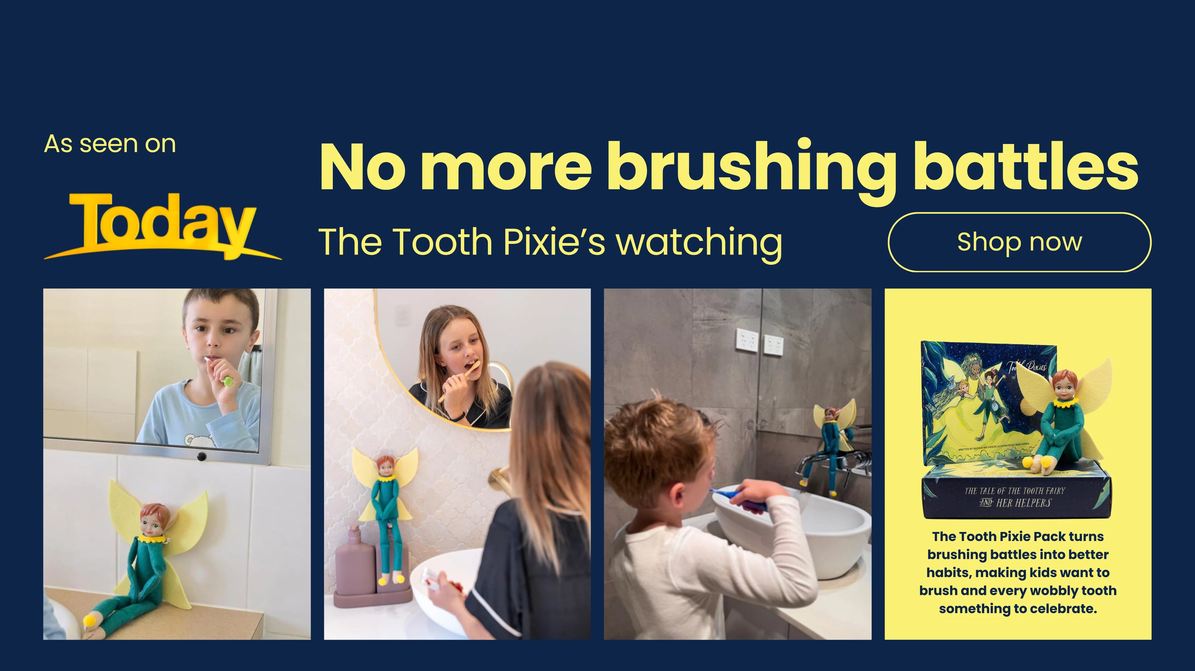 Advertisement for Tooth Pixie product with children using it, shown on Today show, and call to action to shop now.