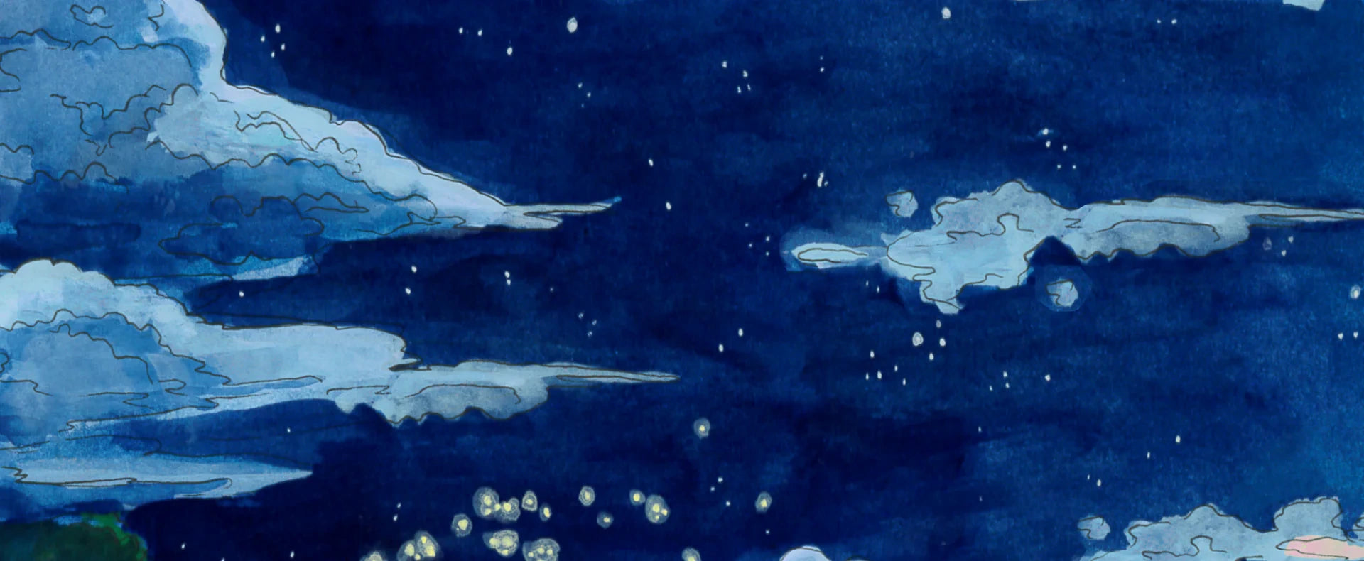 Watercolor night sky with stars and clouds