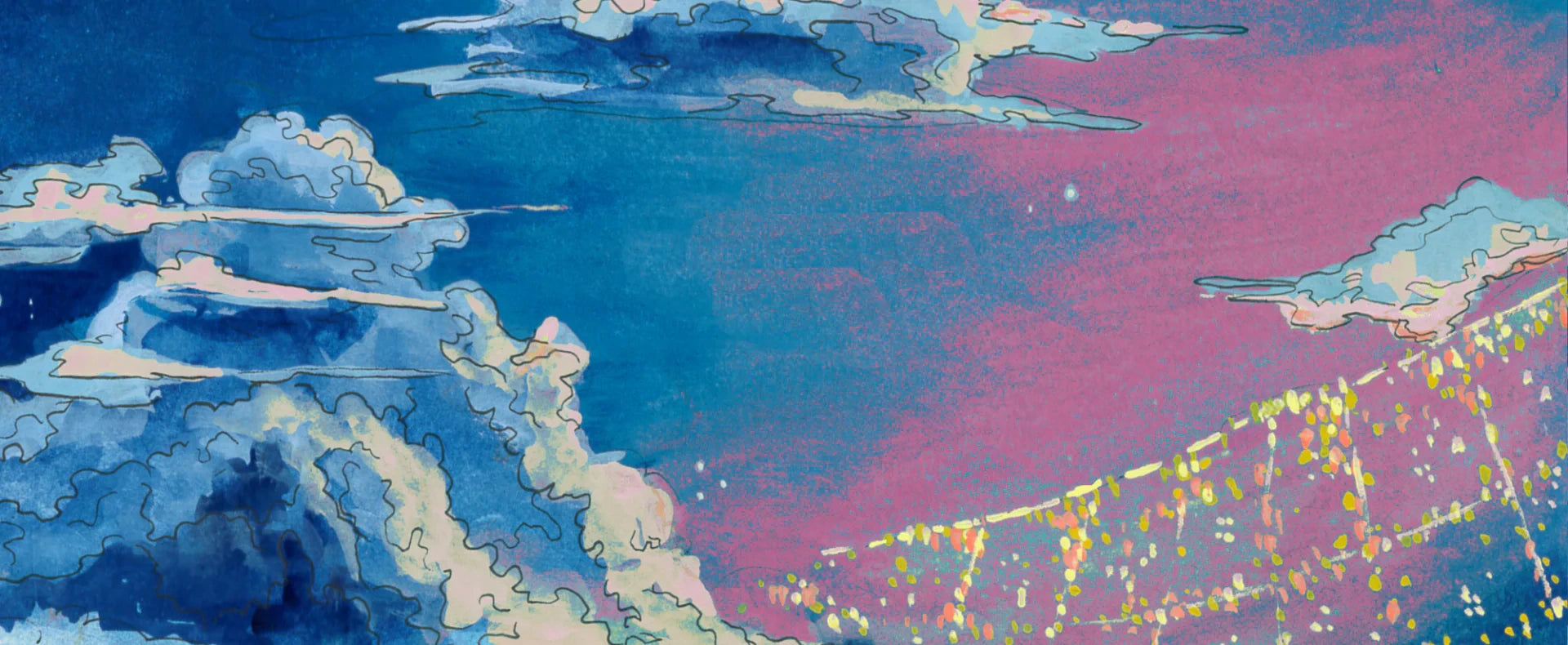 Abstract artwork with blue, pink, and multicolored brush strokes