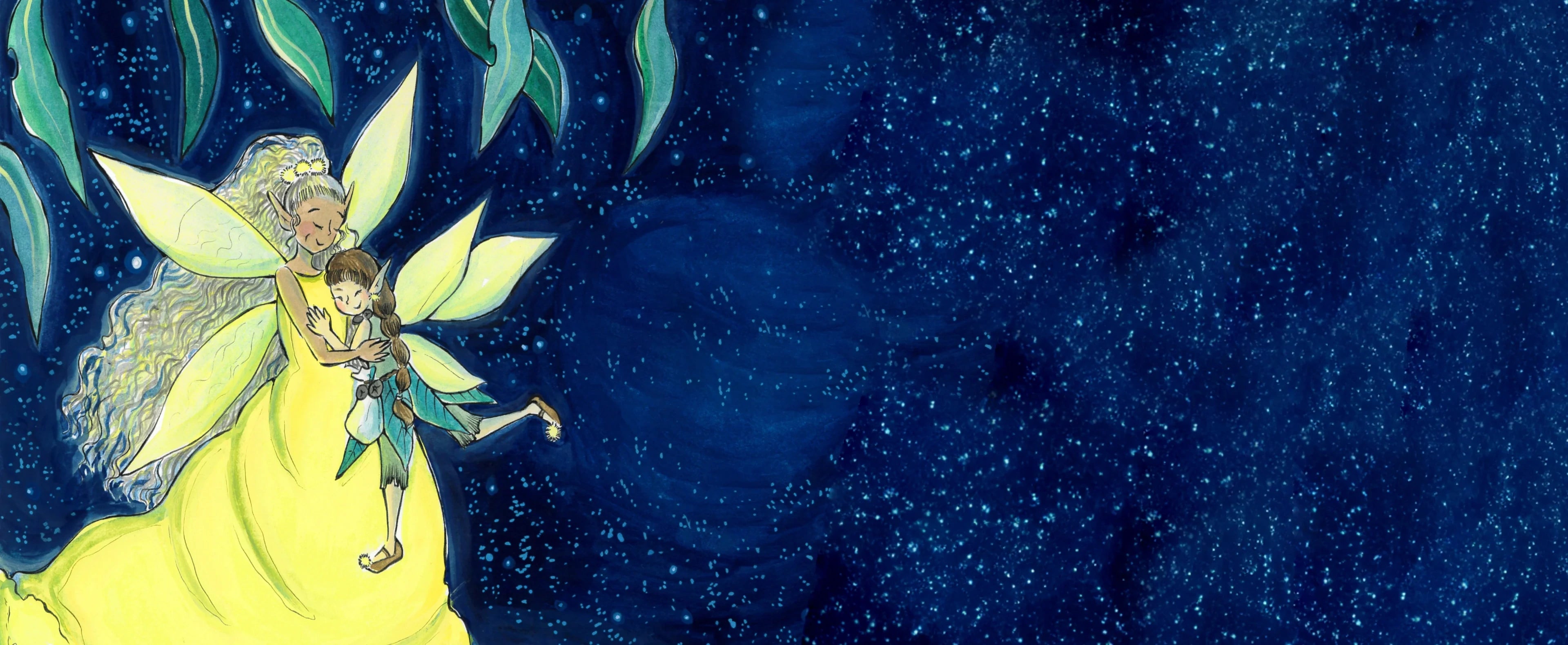 Fairy with a child against a starry night sky