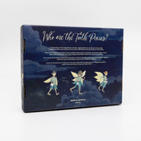 Box packaging for Tooth Pixies with illustrations of Tooth Pixies and text on a dark blue background.