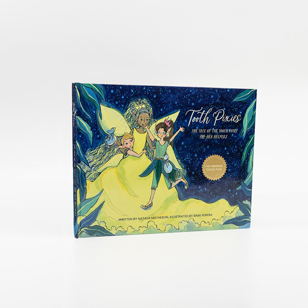 Tooth Pixies storybook standing upright, showing the illustrated cover with the Tooth Fairy and her helpers