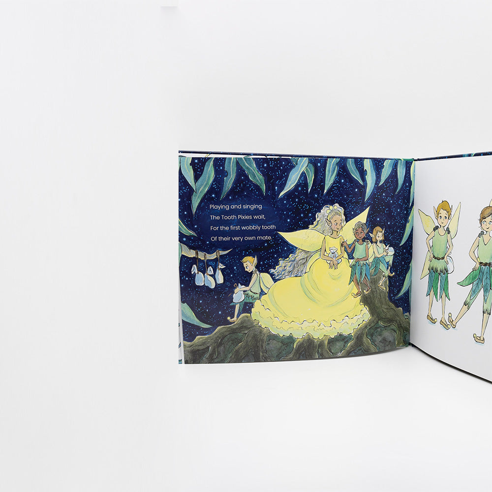 Open Tooth Pixies storybook showing an illustrated inside page with the Tooth Fairy Mother and her helpers